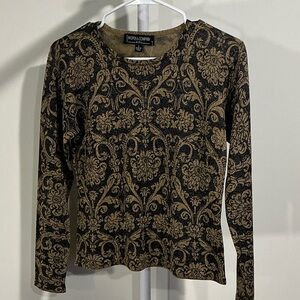Kasper Black and Gold Patterned Long Sleeve Top